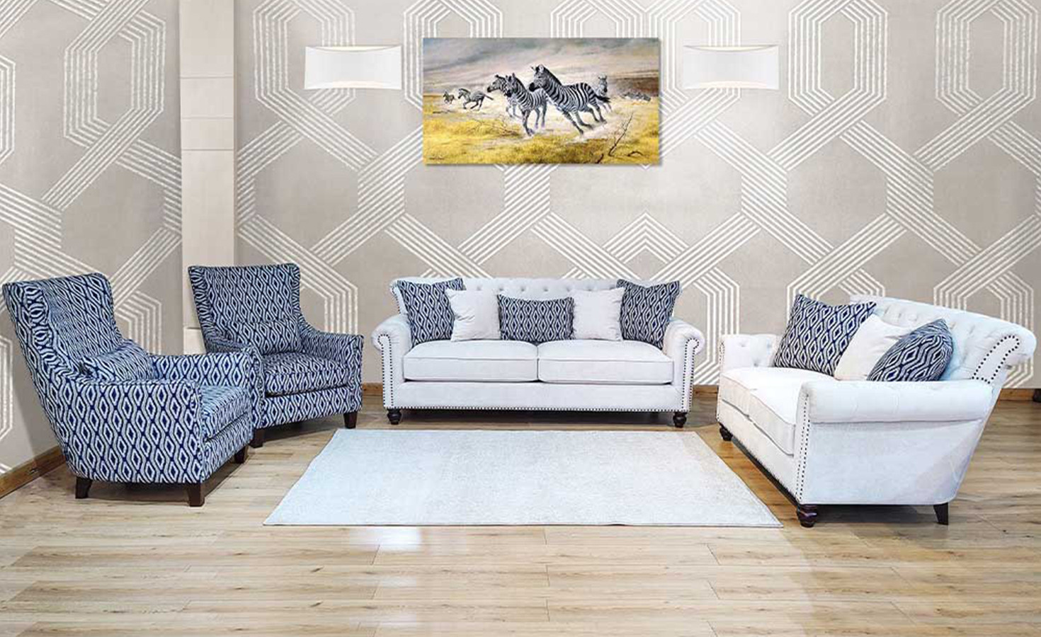 FABRIC SOFA- BEIGE/DARK BLUE PATTERN (JEL 21004)